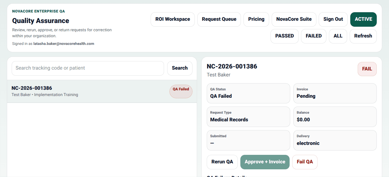 Sanitized NovaCore quality assurance and document review workspace